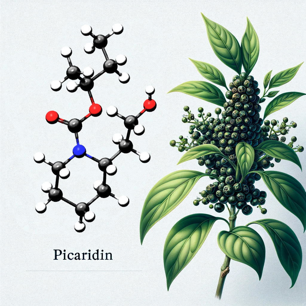 The image features a molecular structure of picaridin on the left, displaying a 3D chemical model with black, white, red, and blue atoms connected by bonds. On the right, there is a detailed AI illustration of a black pepper plant.