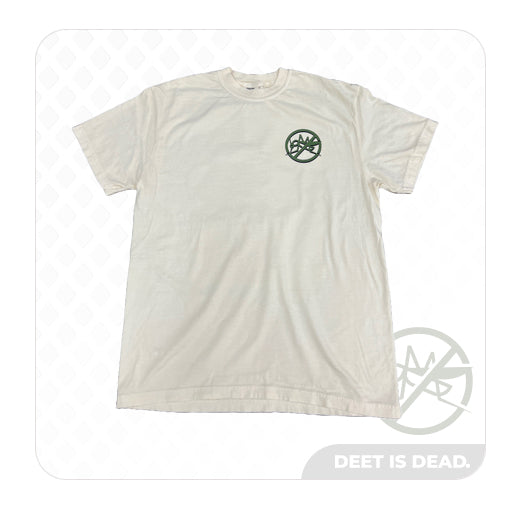 A product photo of the front of the "DEET IS DEAD" Short Sleeve Graphic T-shirt. The front of the shirt features a log of a mosquito with a cross through it.