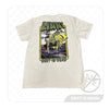 A product photo of the back of the "DEET IS DEAD" Short Sleeve Graphic T-shirt. The back of the shirt features a print of a superhero in a green suit with a logo of a mosquito with a cross through it and a yellow cape. He is holding a mosquito down in a swamp. The words "DEET IS DEAD" and "HUNT" are visible on the beige shirt.