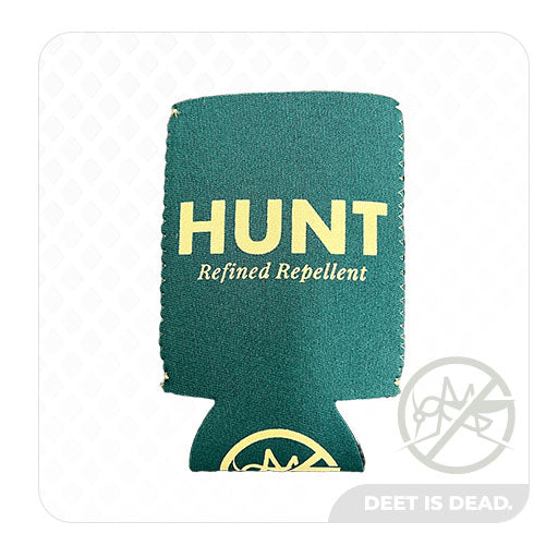 A product photo of the HUNT Refined Repellent 10 oz. koozie. It is a green drink holder with the logo for HUNT Refined Repellent and a logo of a mosquito with a cross through it on the bottom.