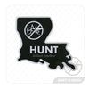 Sticker with a outline of the state of Louisiana in dark green. "HUNT Refined Repellent" and a logo of a mosquito with slash through it are on the sticker.