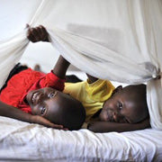 An image of two children using a mosquito net.