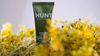 Tube of Hunt Refined Repellent Lotion surrounded by yellow flowers on a light gray background.