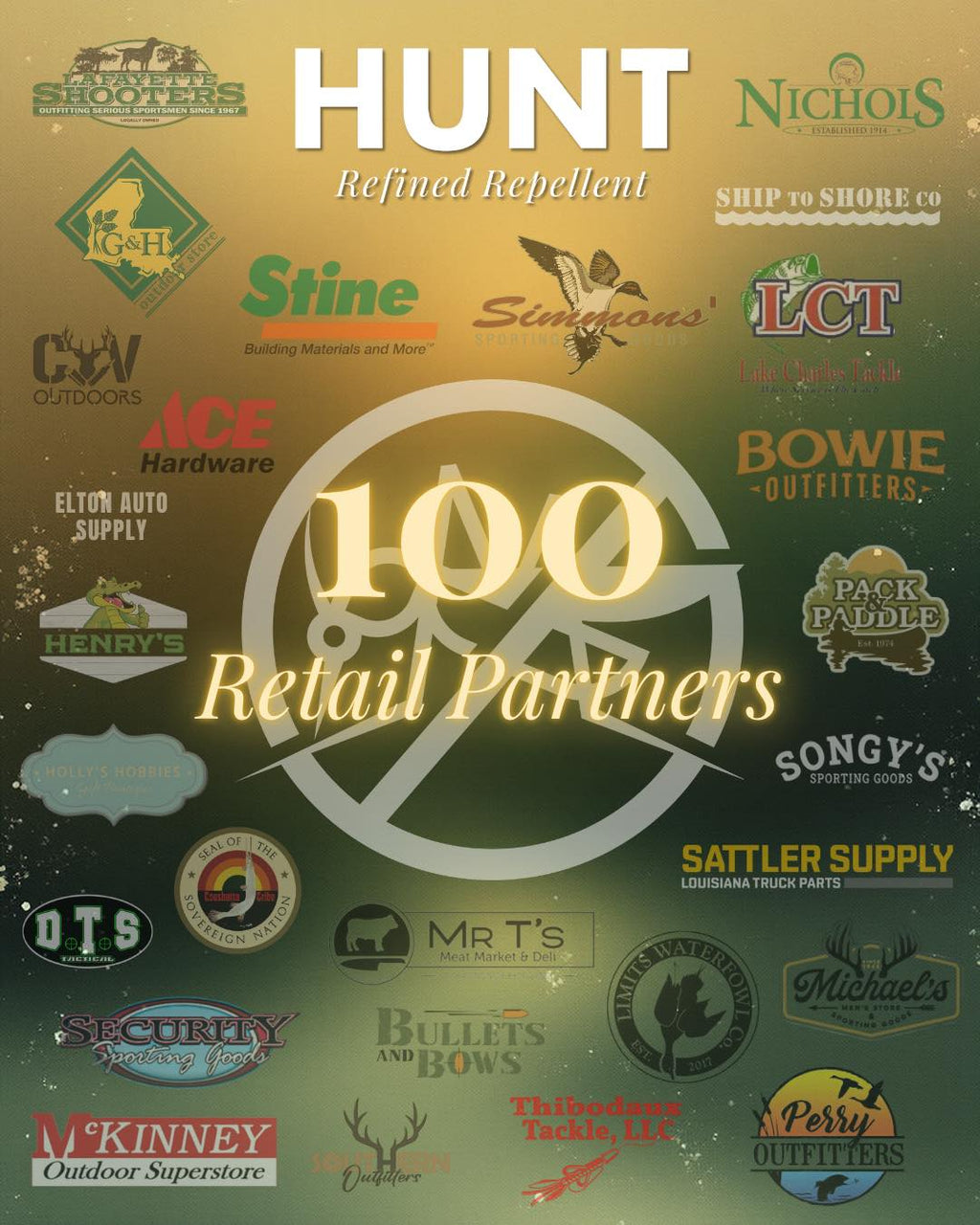 A graphic that says "HUNT Refined Repellent 100 Retails Partners. It showcases some of HUNT's new retail partners.