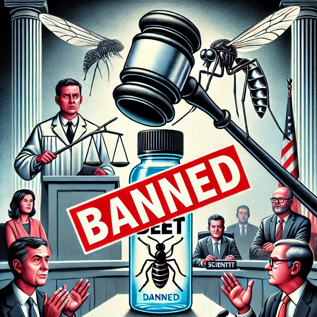 An AI generated courtroom scene where a judge is ruling on a case involving DEET. 